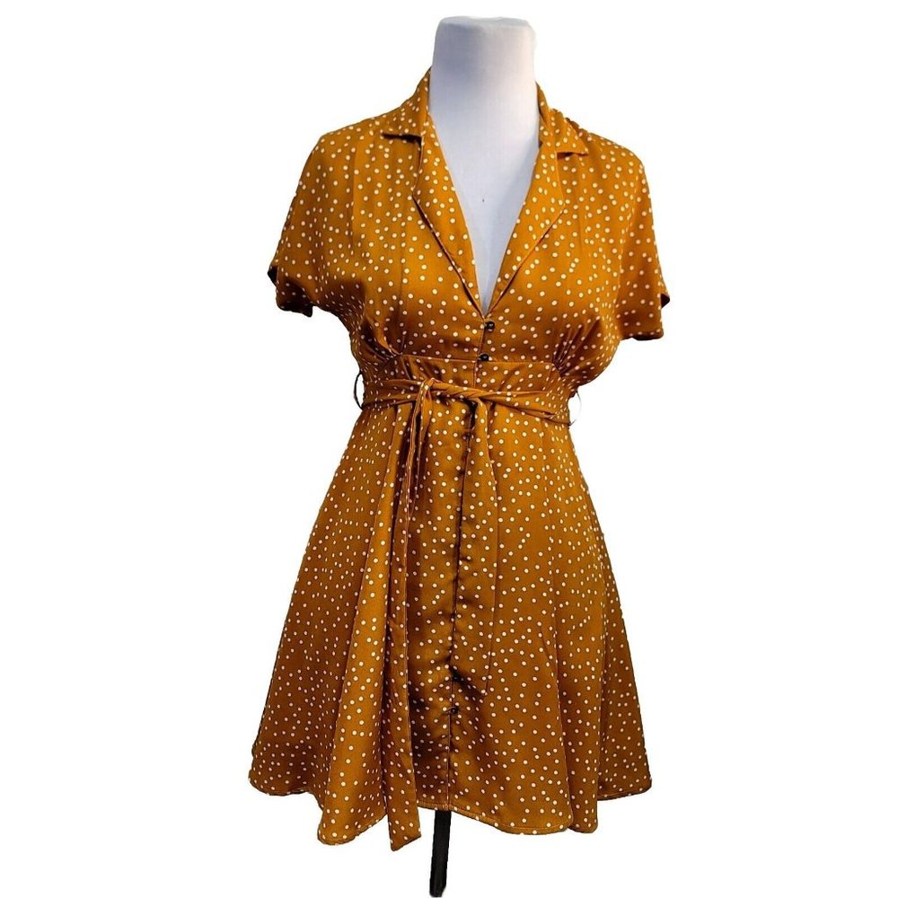 The Clothing Company Mustard Yellow‎ Polka Dot Button Front Belted Dress M